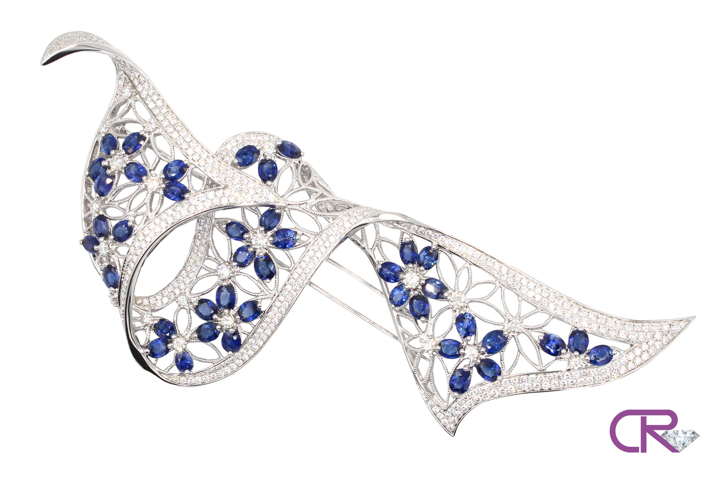 Sapphire Floral Ribbon Brooch